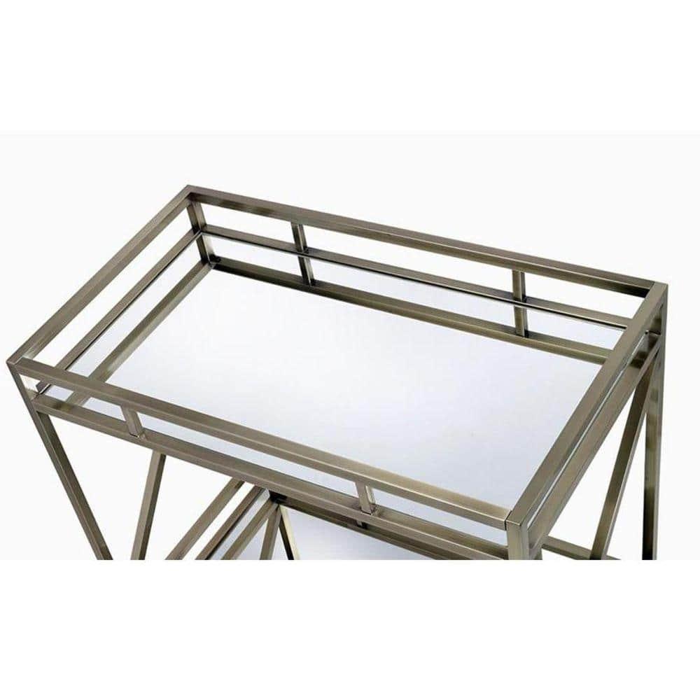 Benzara Metal Framed Two Tier Serving Cart with X Shaped Side Panels, Mirrored, Antique Gold