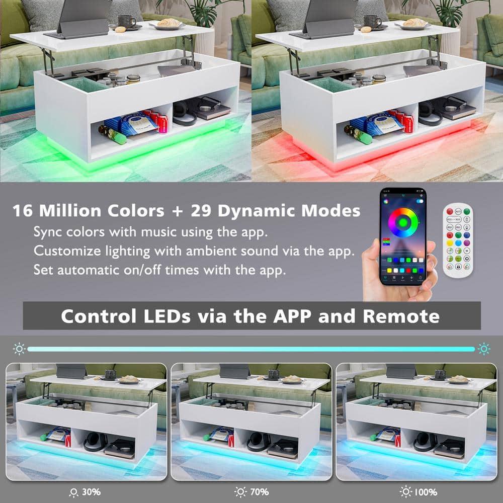 40" Modern Lift Top Coffee Table with Hidden Compartment White Coffee Table with LED Lights High Gloss Cocktail End Table with Open Shelf