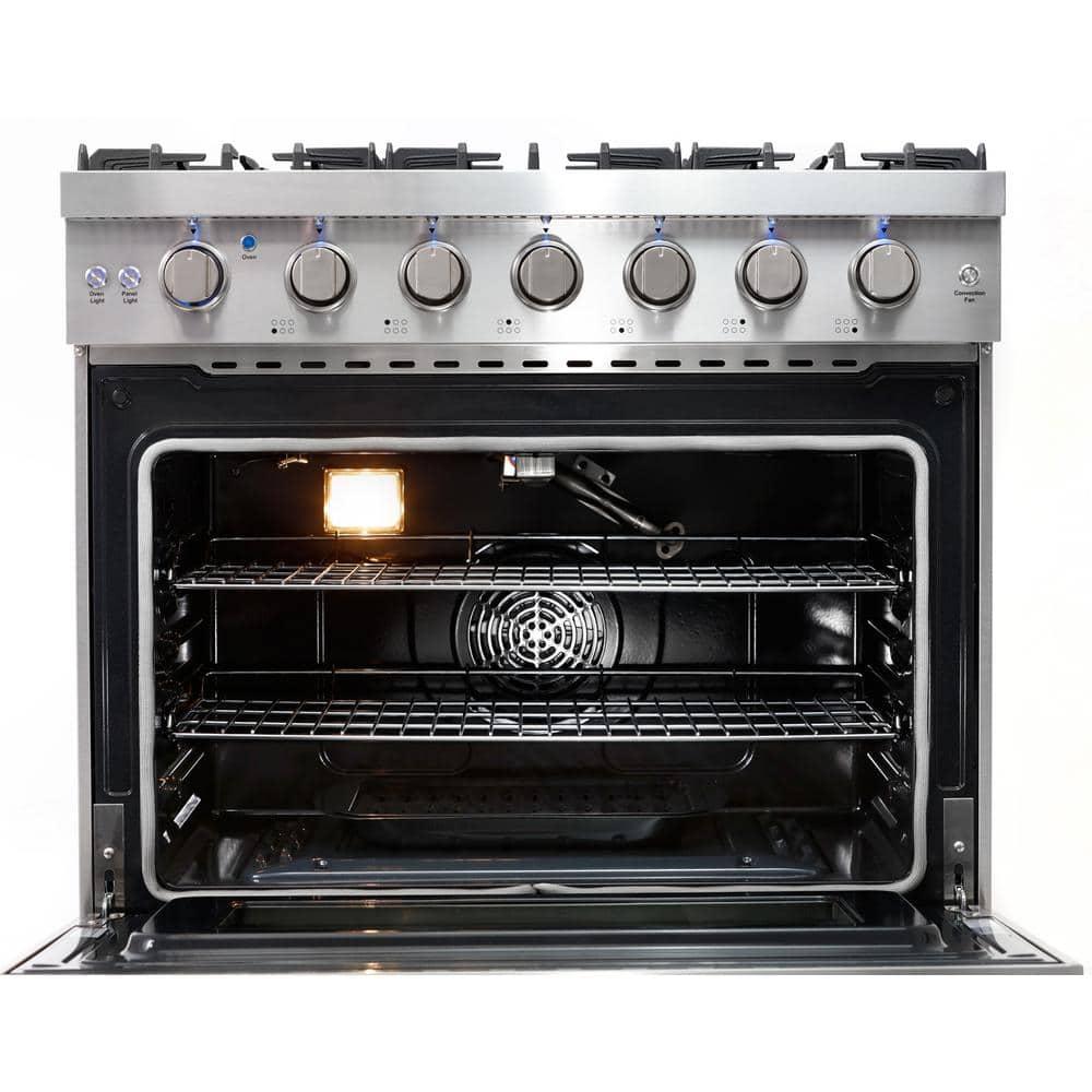 Cosmo 36 in. Haven Collection 6.0 cu. ft. Gas Range, 6 Burners, Convection Oven, Knob LEDs, Storage Drawer, Stainless Steel