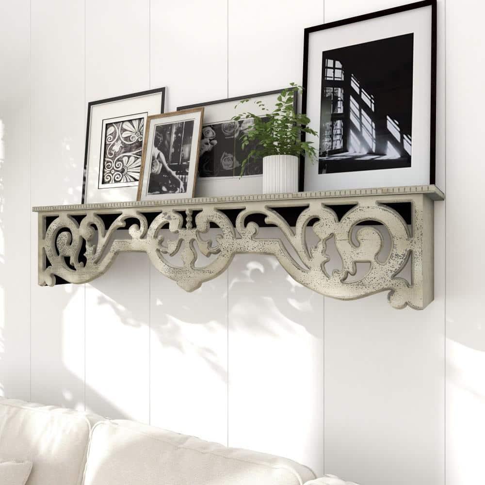 DecMode 48" x 8" 1-Tier Beige Scroll Wall Shelf with Gray Distressing