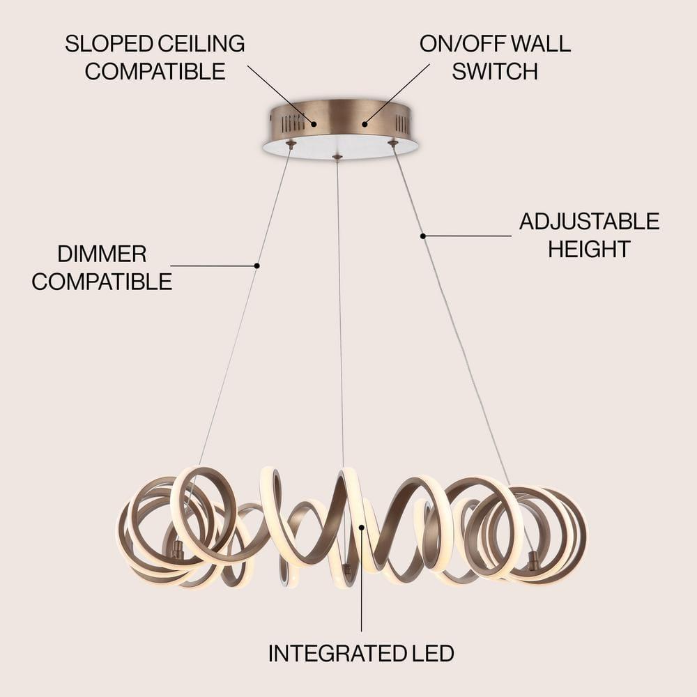 Cursive 24" Adjustable Spiral Integrated LED Metal Chandelier Ceiling Light, Coffee