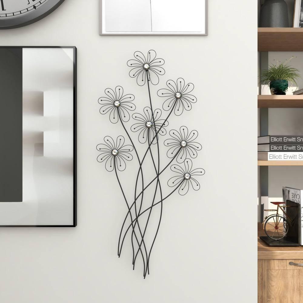 DecMode Black Metal 3D Wire Floral Wall Decor with Crystal Embellishments