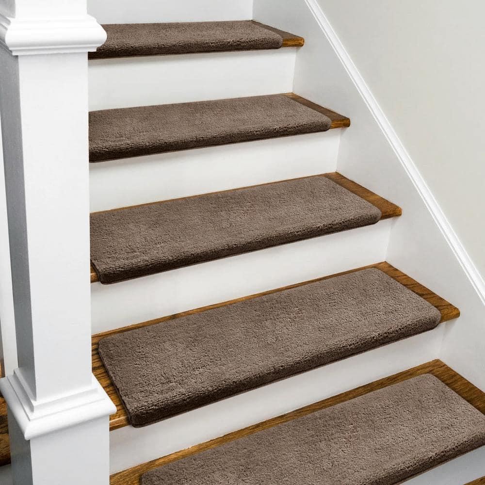 Soft Plush Brown 9.5 in. x 30 in. x 1.2 in. Bullnose Indoor Stair Tread Cover Tape Free Non-slip Carpet Set of 14