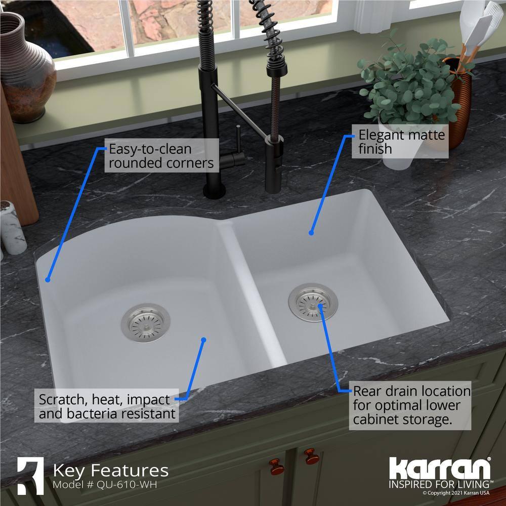 Karran Undermount Quartz Composite 32'' X 21'' 60/40 Double Bowl Kitchen Sink