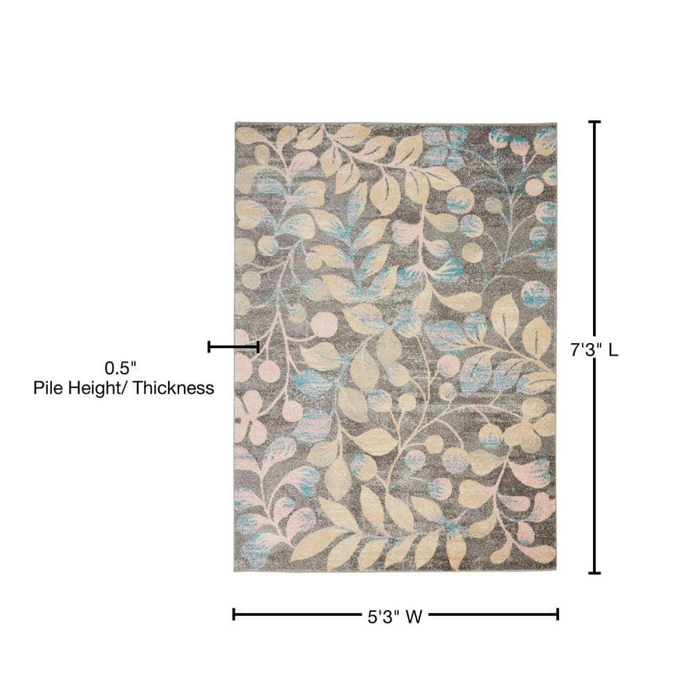 Nourison Tranquil 5'3" X 7'3" (5' x 7') Grey/Beige Area Rug Contemporary Botanical Vine and Bloom by Nourison