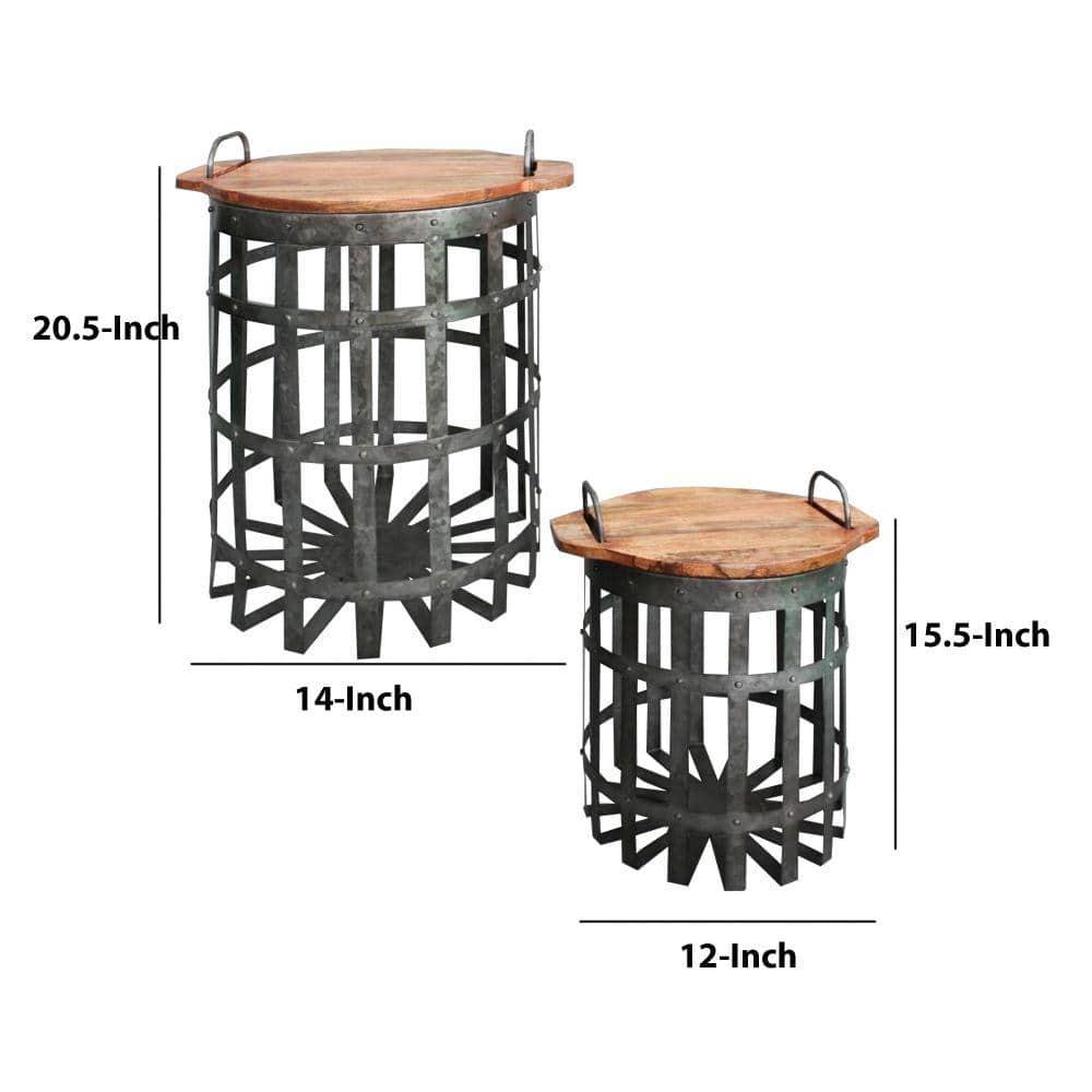 Benzara Set of 2 Industrial Grid Galvanized Accent End Table with Round Lid and Handles Accent Tables Gray/Brown