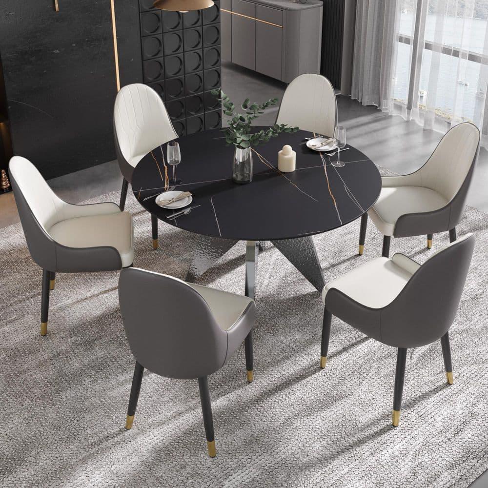 53.1 in. Black Round Sintered Stone Tabletop Silver Pedestal Base Kitchen Dining Table (Seats-6)