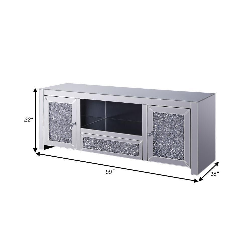 Noe 59 Inch Wood TV Entertainment Media Console Faux Diamond Inlay Silver - Saltoro Sherpi