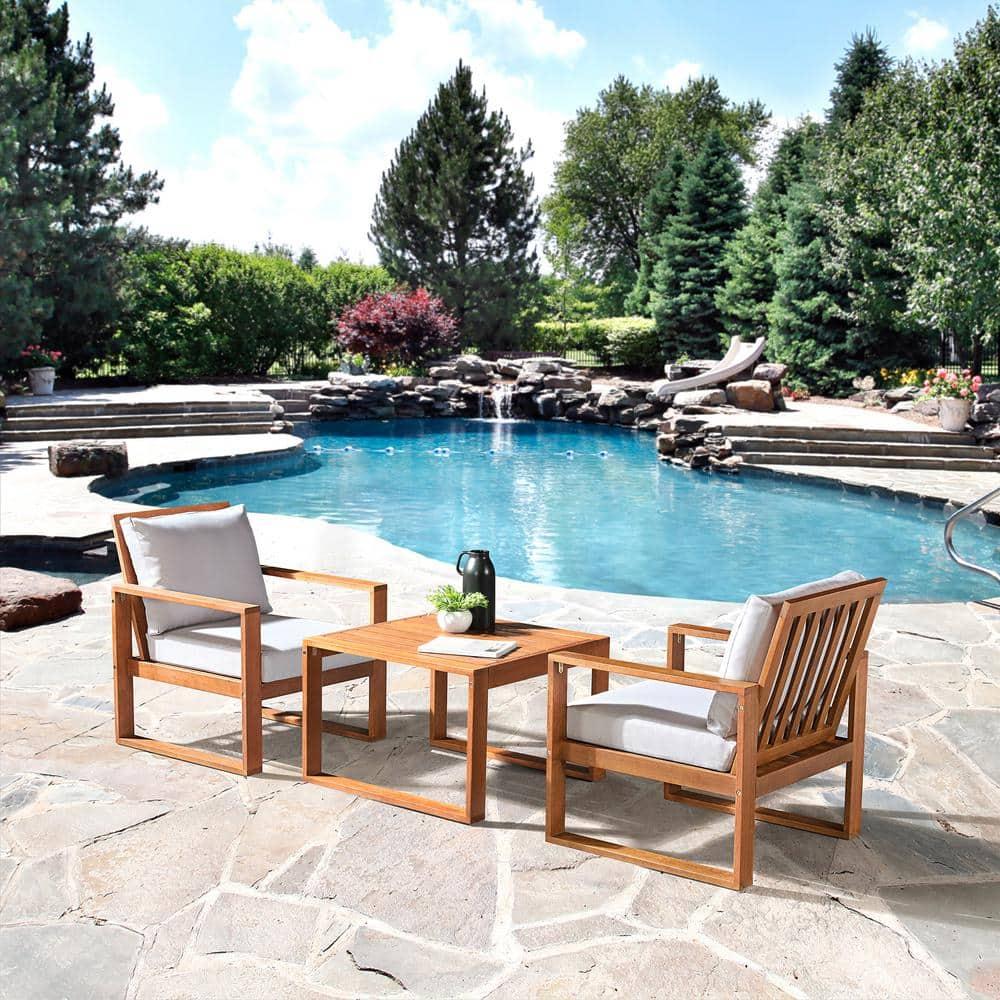 Weston 3Pc Outdoor Set Solid Eucalyptus Wood, 2 Chairs with Cushions and 1 Cocktail Table