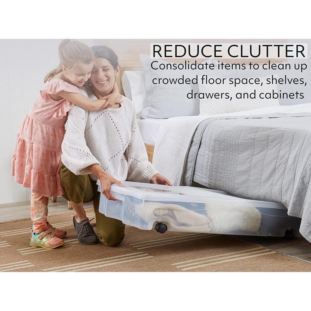 Rubbermaid 68 Quart Under the Bed Low Profile Storage Boxes with Dual Hinged Lids and Easy Rolling Caster Wheels, Clear, 2 Pack