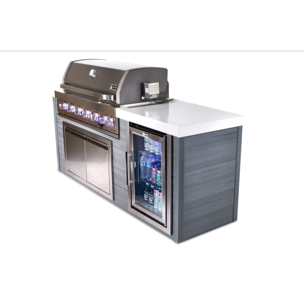 Mont Alpi MA805-AW Artwood Series High Density Polyethylene 6-Burner 87000 BTU Propane Natural Gas Stainless Steel Outdoor Kitchen Island Grill + Granite Countertops + Double Access Doors + Refrigerator