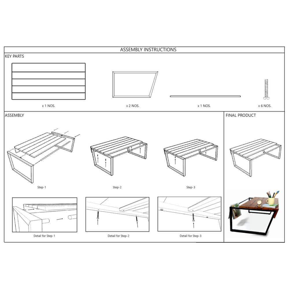 The Urban Port 41.7 Inch Rectangular Coffee Table with Plank Style Top, Metal Frame, Brown and Black