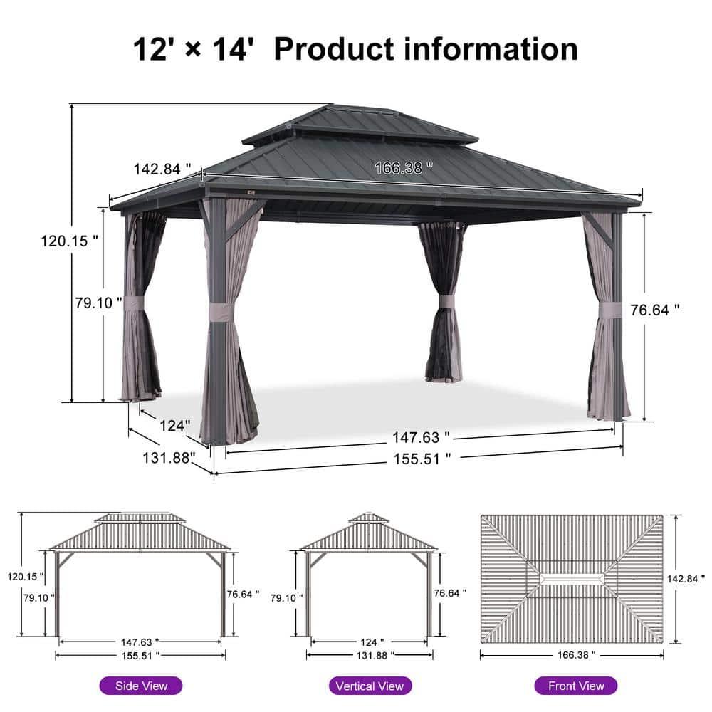 PURPLE LEAF 12' x 14' Permanent Hardtop Gazebo Aluminum Frame Gazebo with Galvanized Steel Double Roof, UV-Resistant for Backyard Patio Lawn and Garden, Netting & Curtains included - Grey