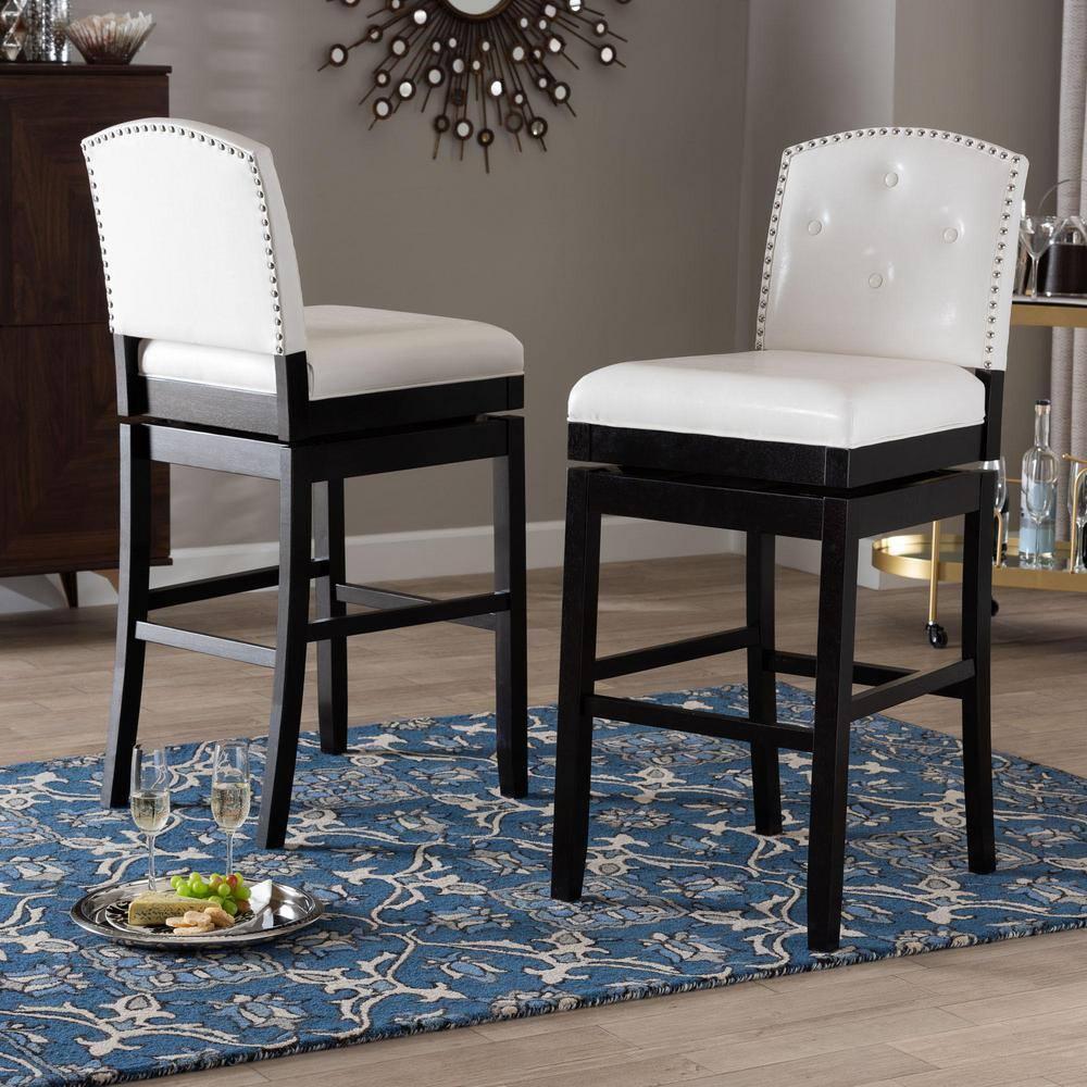 Set of 2 Ginaro Faux Leather Button Tufted Upholstered Swivel Barstools White - Baxton Studio: Nailhead Trim, Rubberwood Frame