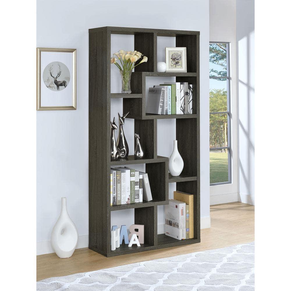 Coaster 10-Shelf Transitional Wood Geometric Bookcase in Gray