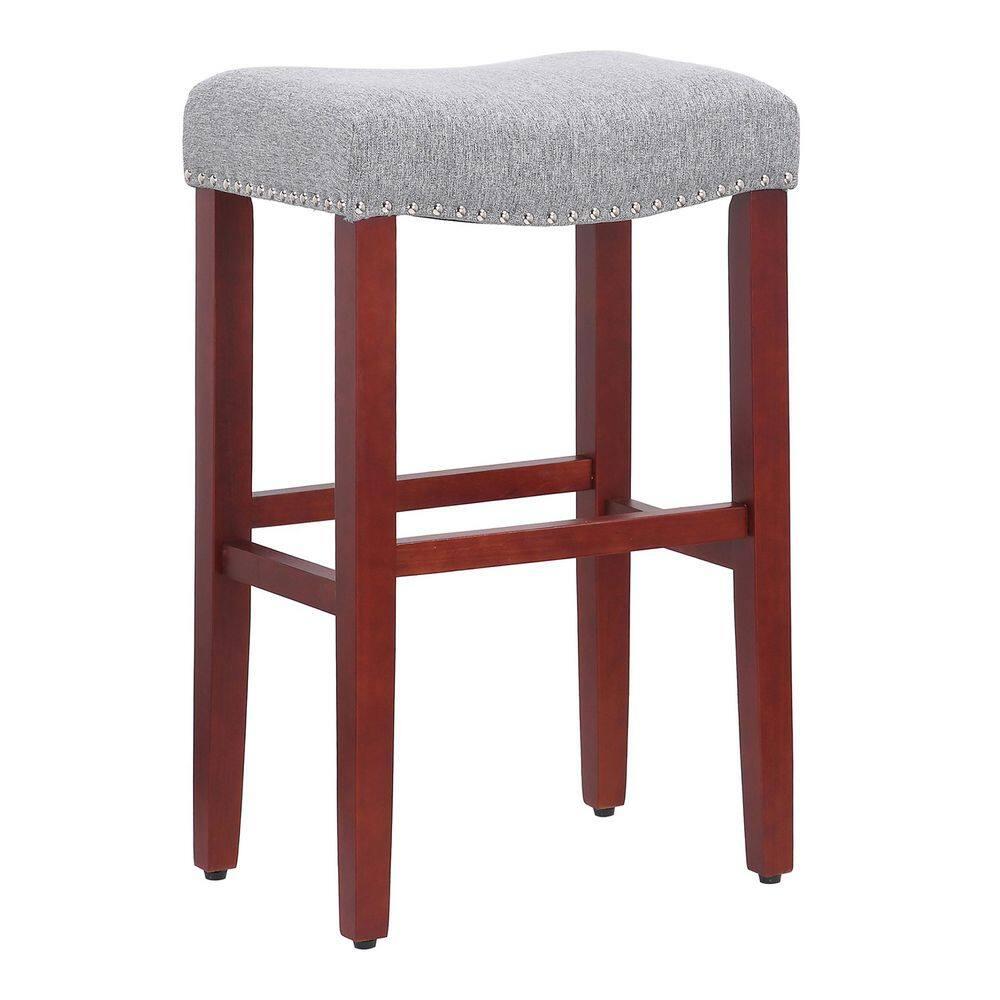 Polytrends Jameson Upholstered Polyester 29" Bar Stool with Cherry Legs - (Set of 2) Cherry/Gray