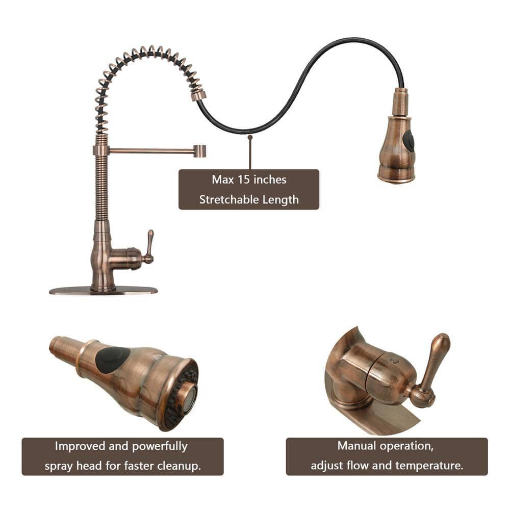 Akicon Pre-Rinse Spring Kitchen Faucet, Single Level with Pull Down Sprayer Copper Copper Finish
