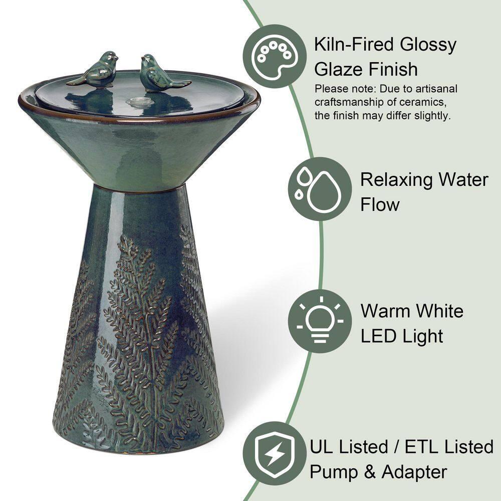 Glitzhome 27.5" Fountain with Pump and LED Light Embossed Pedestal Ceramic Bird Bath, Turquoise