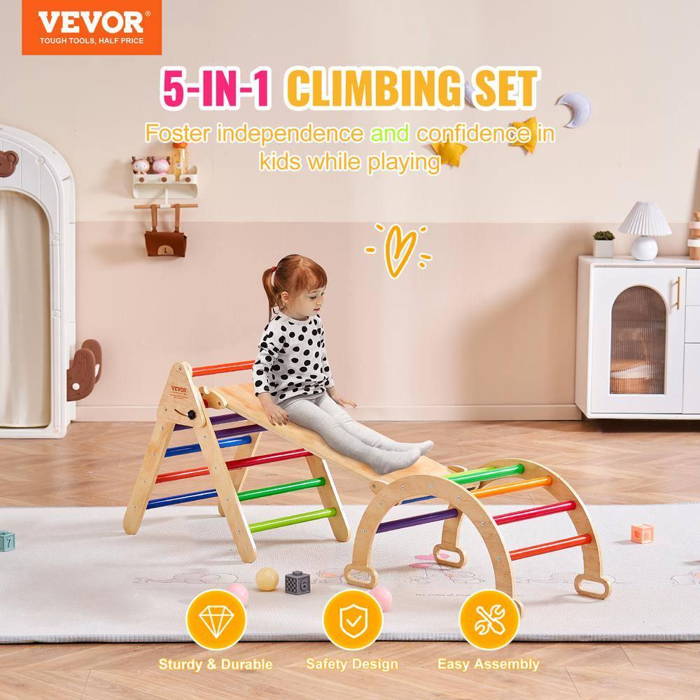 Pikler Triangle Set, 5 in 1 Toddler Climbing Toys Indoor Playground, Ramp, and Arch, Montessori Climbing Set with Triangle, Medium Size Wooden Climbing Gym for Toddlers 1-3 Years, Colorful