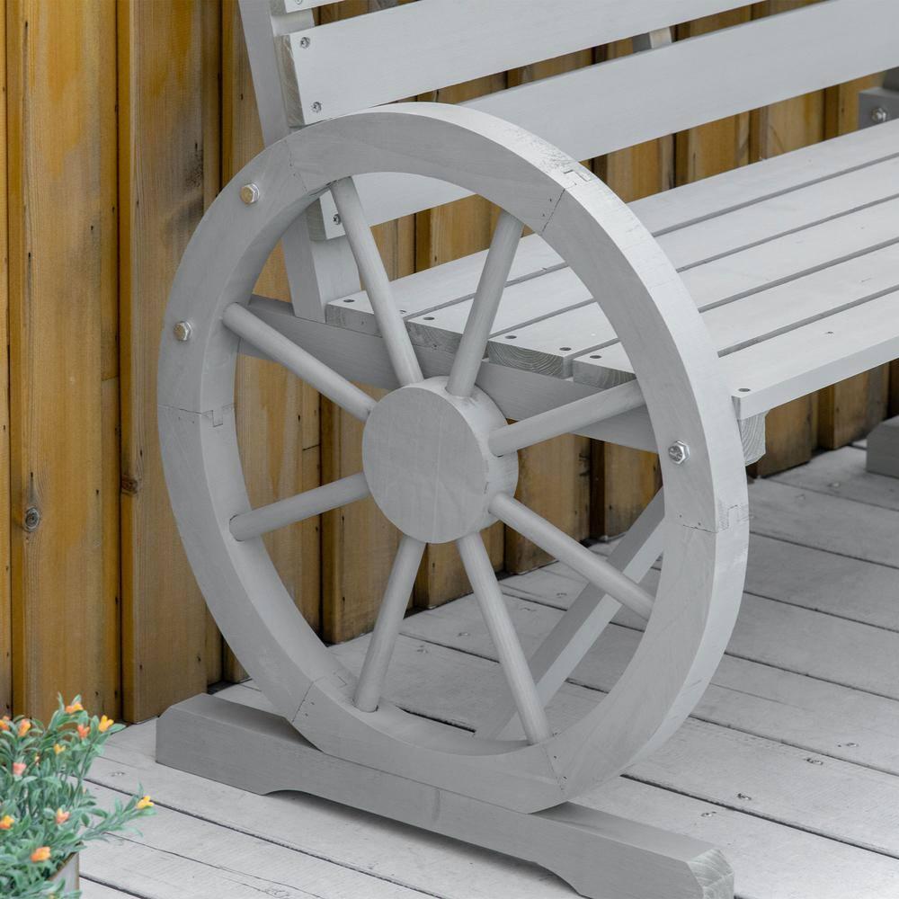 Outsunny Wooden Wagon Wheel Bench Rustic Outdoor Patio Furniture, 2-Person Seat Bench with Backrest Charcoal Gray