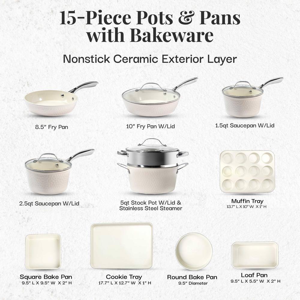 Gotham Steel Nonstick Pots and Pans 15 Piece Set Ceramic Cookware Kitchen Set Hammered Includes Frying Skillet, Cream