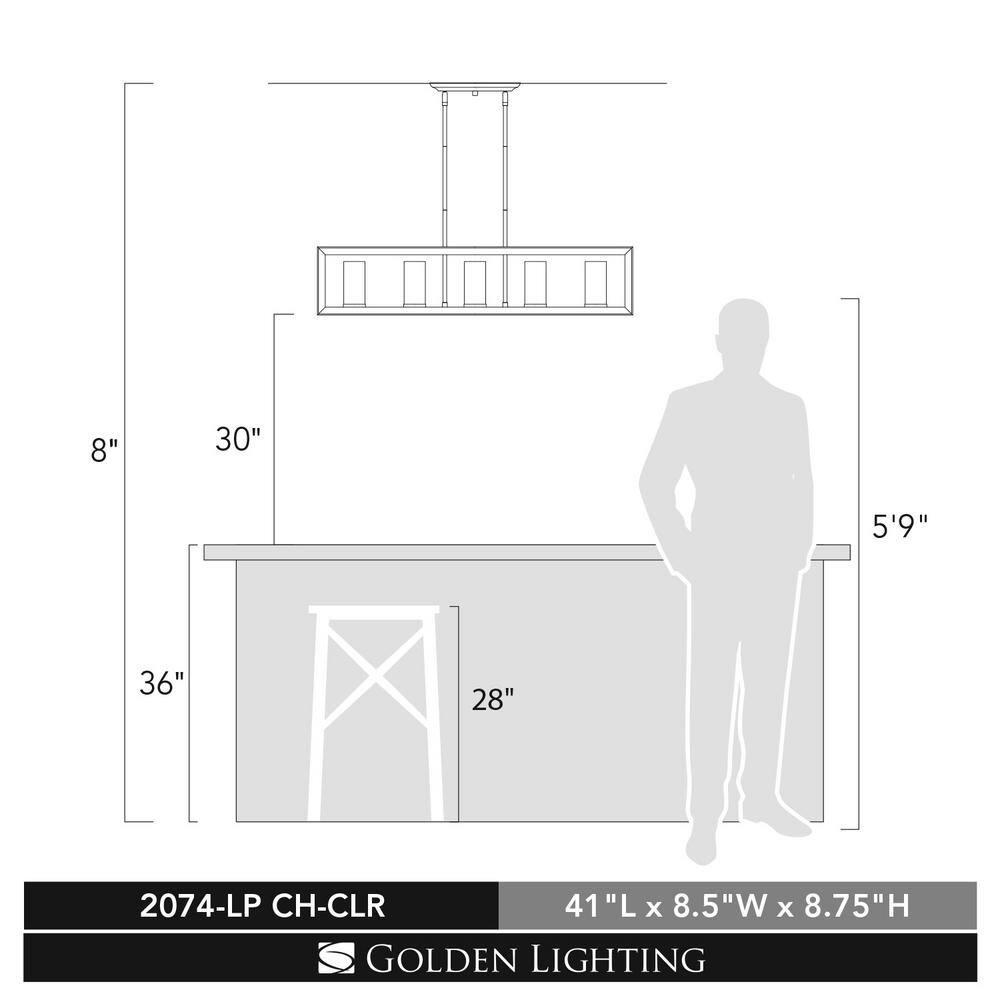 Golden Lighting Smyth 5-Light Linear Pendant in Chrome with Clear Glass