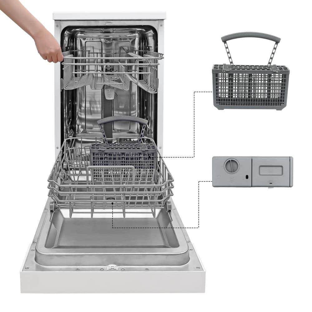White Compact Portable Dishwasher with Stainless Steel Tub and Casters