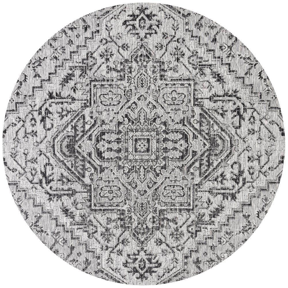 5' Round Estrella Bohemian Medallion Textured Weave Indoor/Outdoor Area Rug, Black/Gray - JONATHAN Y