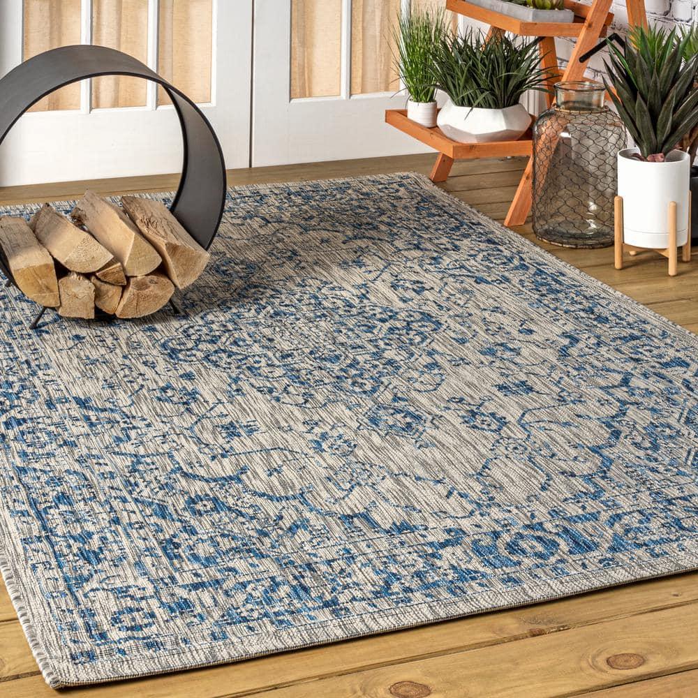 3'x5' Rozetta Boho Medallion Textured Weave Indoor/Outdoor Area Rug, Gray/Navy - JONATHAN Y