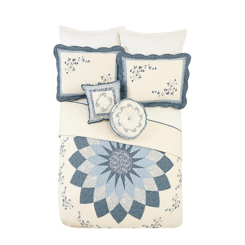 Modern Heirloom Queen Charlotte Bedspread Blue: Floral Pattern, Machine Washable, Plain Weave