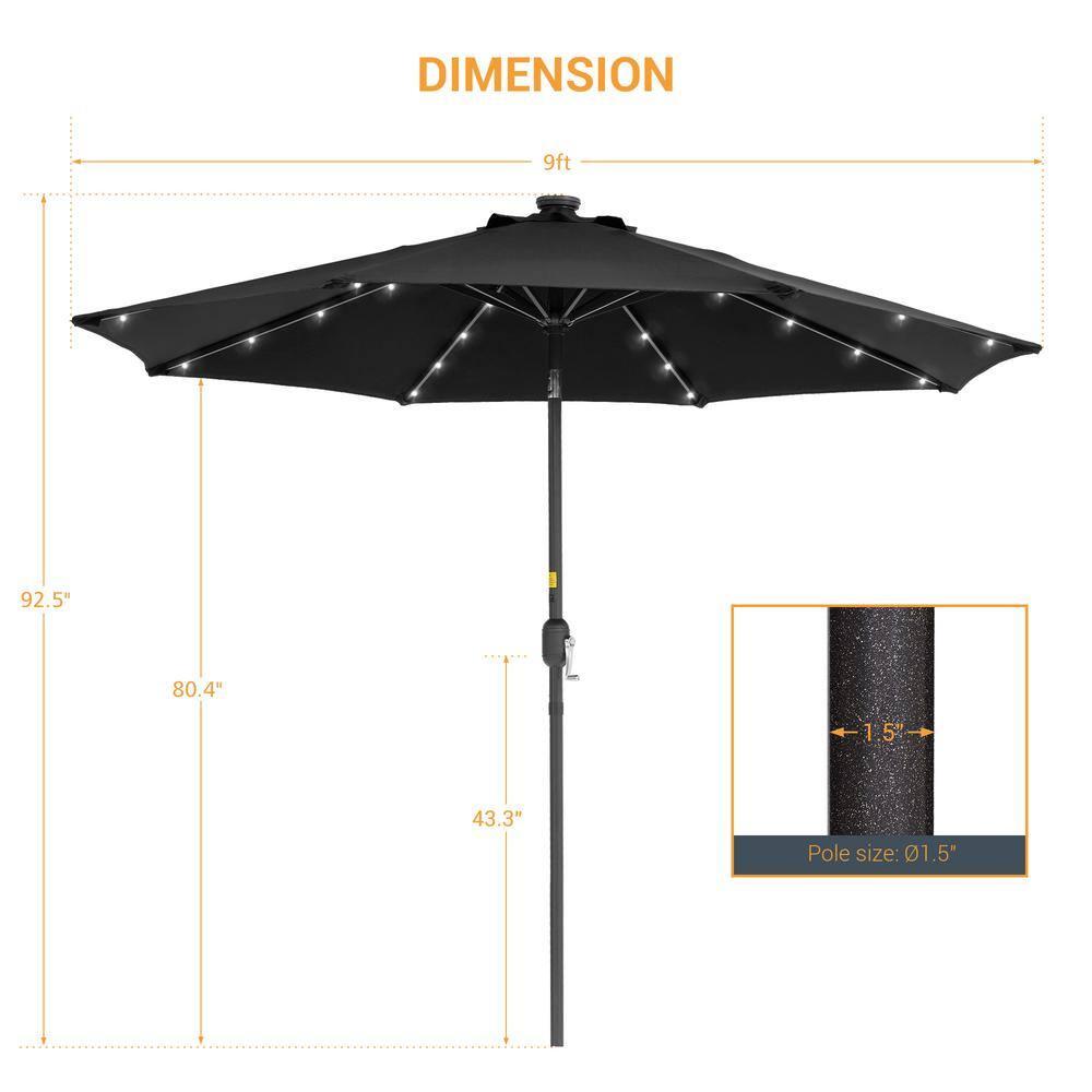 9 ft. Solar Lighted LED Outdoor Patio Market Table Umbrella in Black, UV-Resistant Canopy and Tilt Button