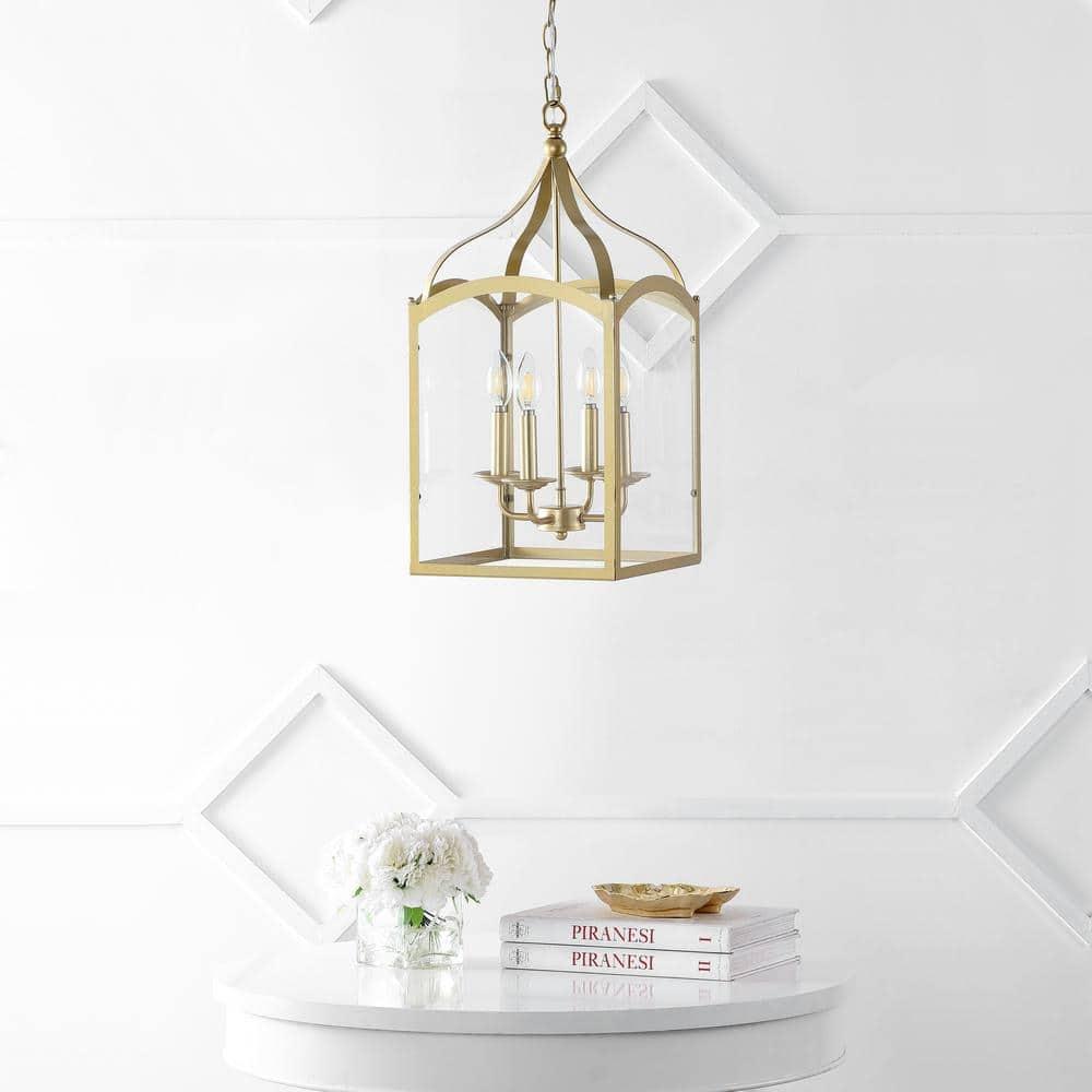 11" LED 4-light Ruth Classic Lantern Metal/Glass Pendant Antique Gold - JONATHAN Y: ETL Listed, Adjustable Height