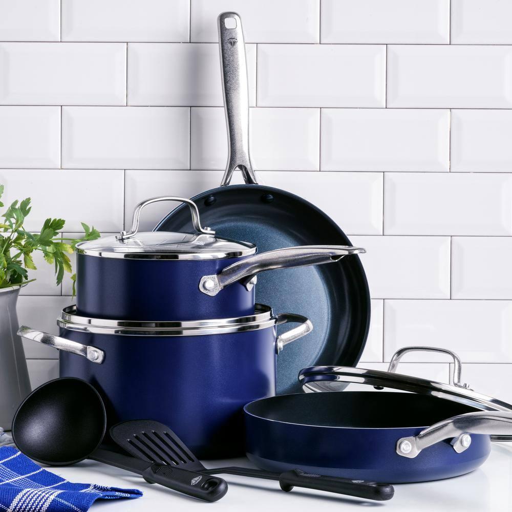 Blue Diamond 9 Piece Nonstick Cookware Set, Diamond Ceramic Pots & Pans, Dishwasher & Metal Utensil Safe, Non Toxic PFAS-Free, Kitchen Cooking Sauce & Saute Pans, Oven & Broiler to 600F, Blue
