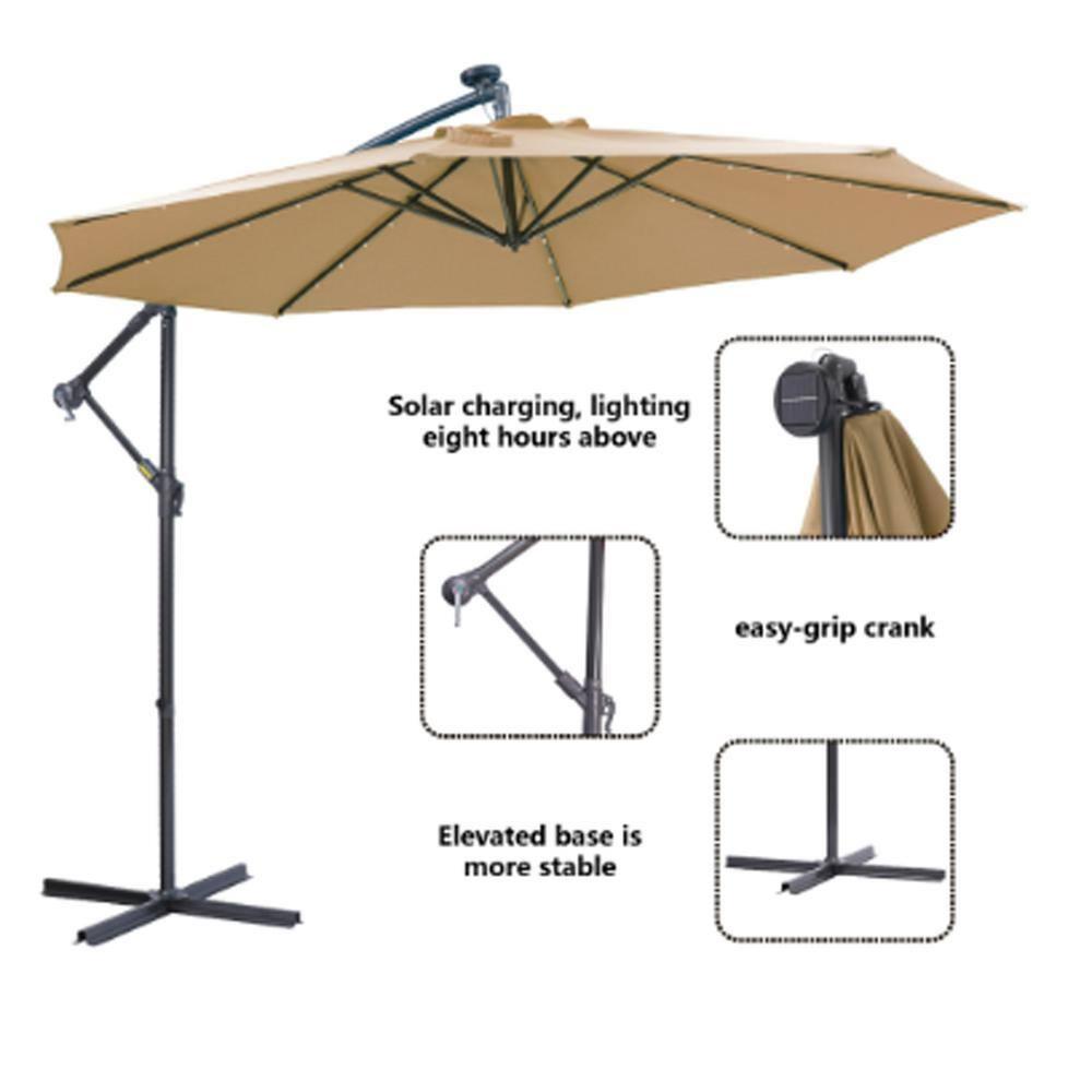 10 FT Solar LED Patio Umbrella with Hanging Cantilever Design, 32 Lights, Adjustable Tilt, Waterproof and UV Protection for Outdoor Garden, Deck, and Patio
