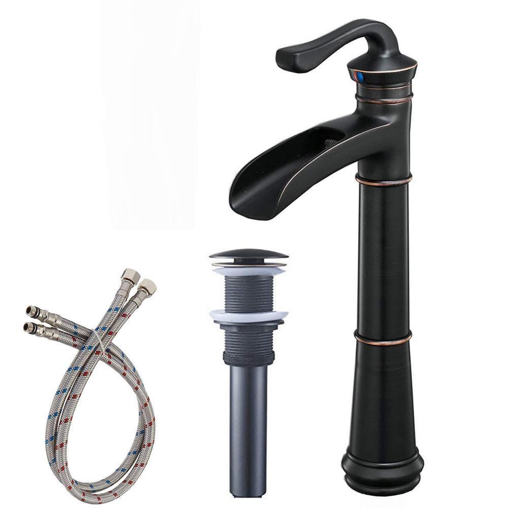 Vessel Sink Faucet Oil Rubbed Bronze Bathroom Faucet Waterfall Farmhouse Single Hole Single Handle for Sink Lavatory Faucets with Pop Up Drain Without Overflow Supply Line