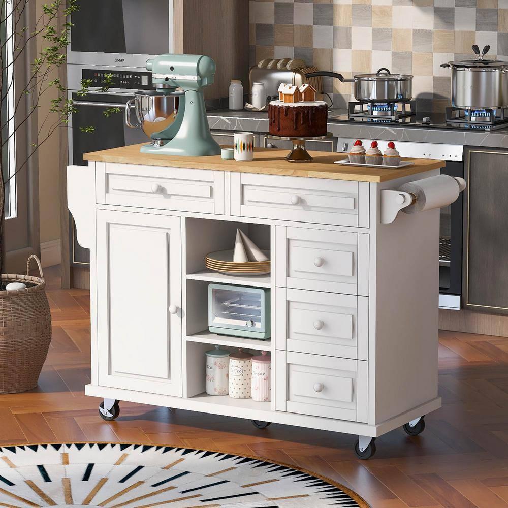 Kitchen Island Cart with 5 Drawers, 1 Cabinet and 2 Adjustable Shelves, 52.8" Kitchen Trolley Cart with Spacious Tabletop and Locking Wheels, Buffet Server Sideboard with Spice Rack & Towel Rack White