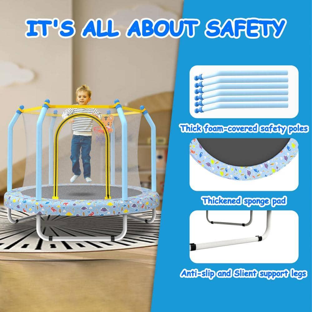 Yoneston 55'' Trampoline for Kids, Indoor & Outdoor Toddlers Trampoline with Enclosure Net and Basketball, Mini Trampoline Gifts for Kids, Baby Toddler Trampoline Toys, Light Blue