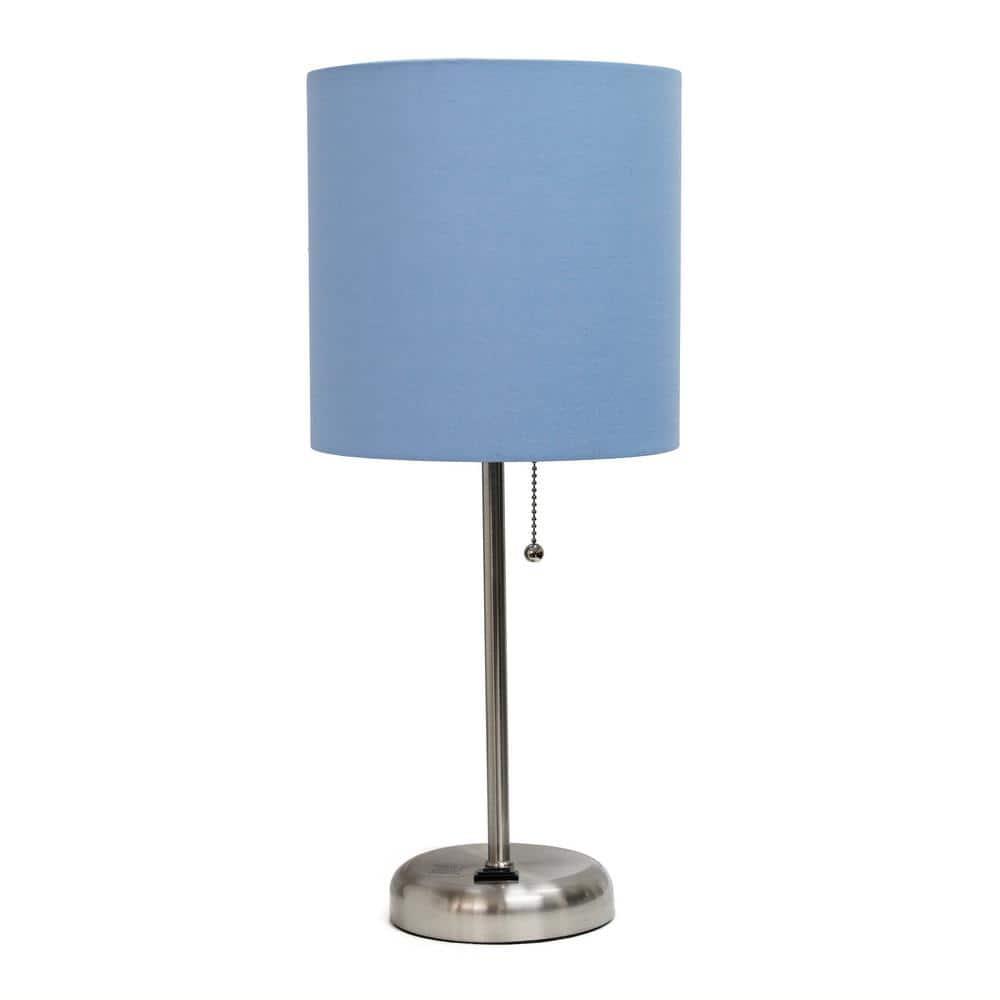 Creekwood Home 19.5" Bedside Power Outlet Base Metal Table Desk Lamp Brushed Steel with Fabric Shade Blue : ETL Listed, No Assembly Required