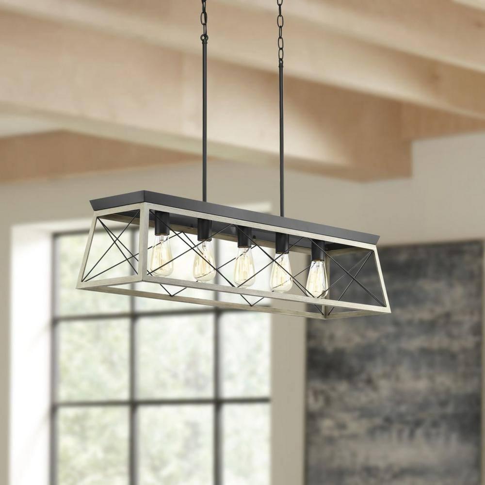 Progress Lighting Briarwood 5-Light Linear Chandelier, Steel, Graphite Finish, Faux-Painted Wood Enclosure