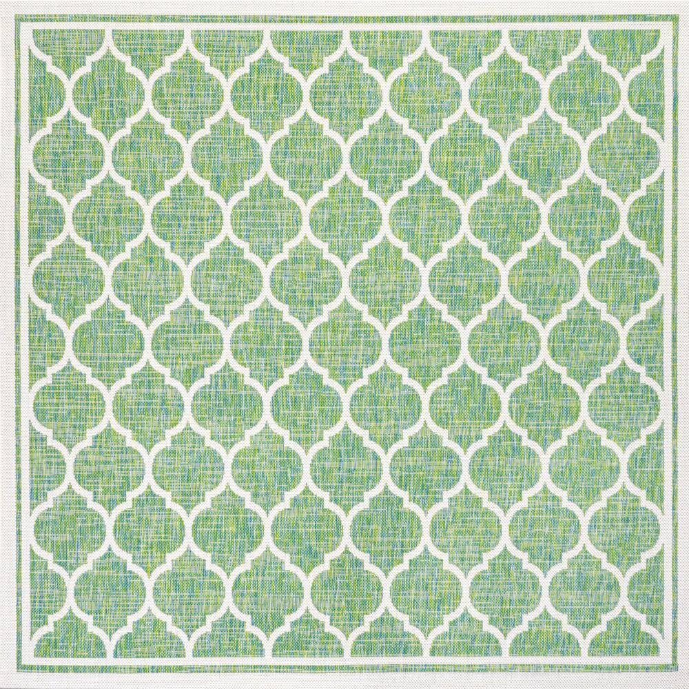 5' x 5' Trebol Moroccan Trellis Textured Weave Indoor/Outdoor Area Rug, Cream/Green - JONATHAN Y
