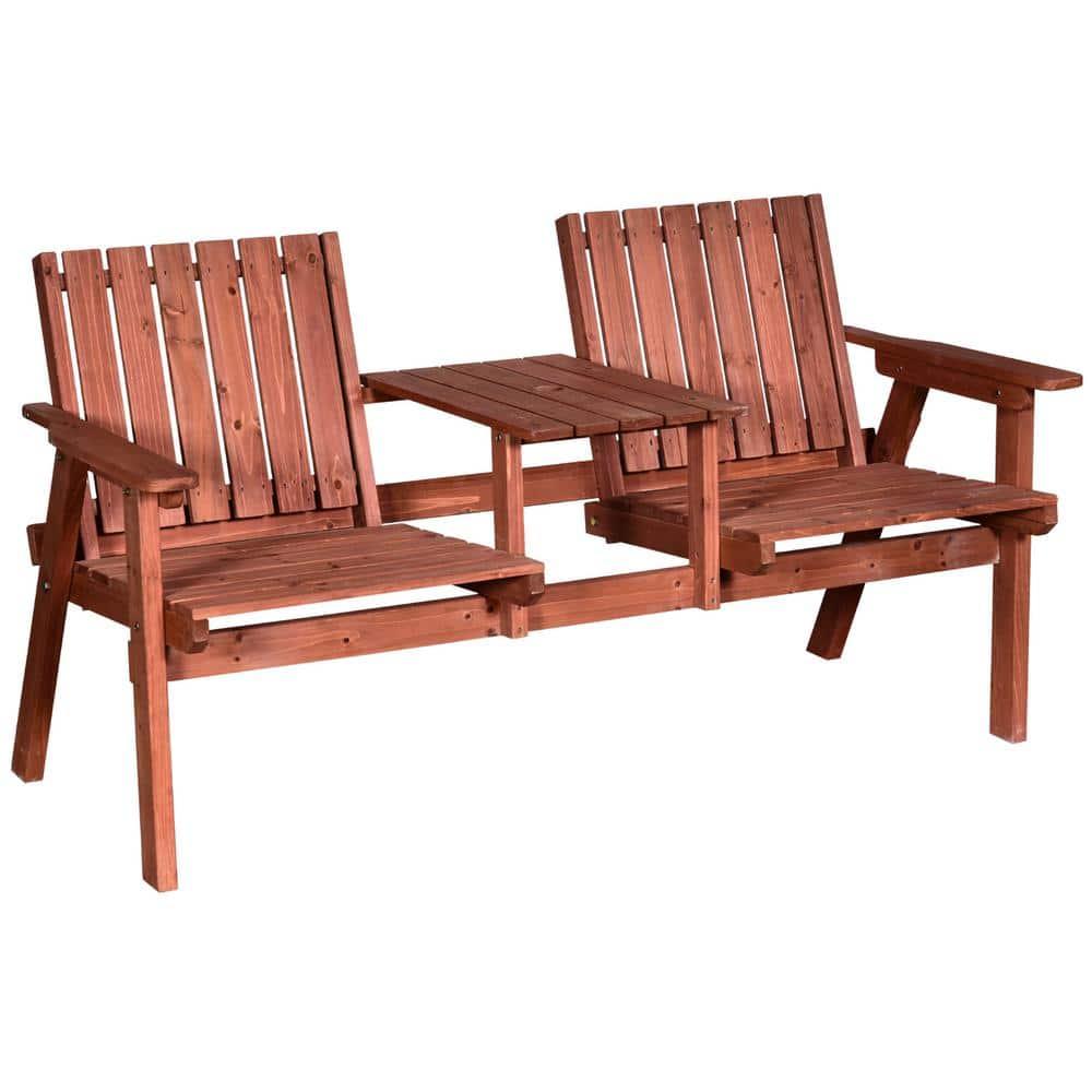 Outsunny Patio Bench, Wood Garden Bench with Center Table & Umbrella Hole, Wooden Outdoor 2 Chair Set, Slatted, Varnished, Orange