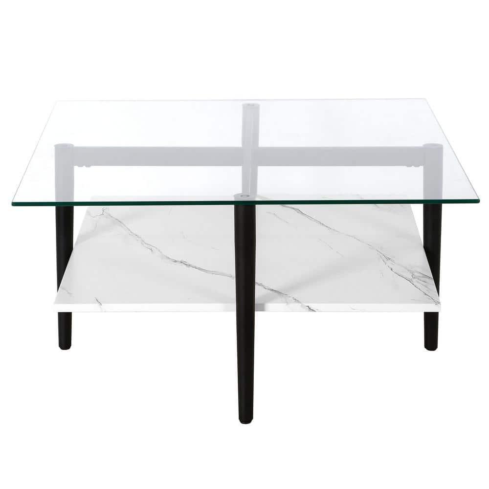 Evelyn&Zoe Otto 32" Wide Square Coffee Table with Faux Marble Shelf, Blackened Bronze
