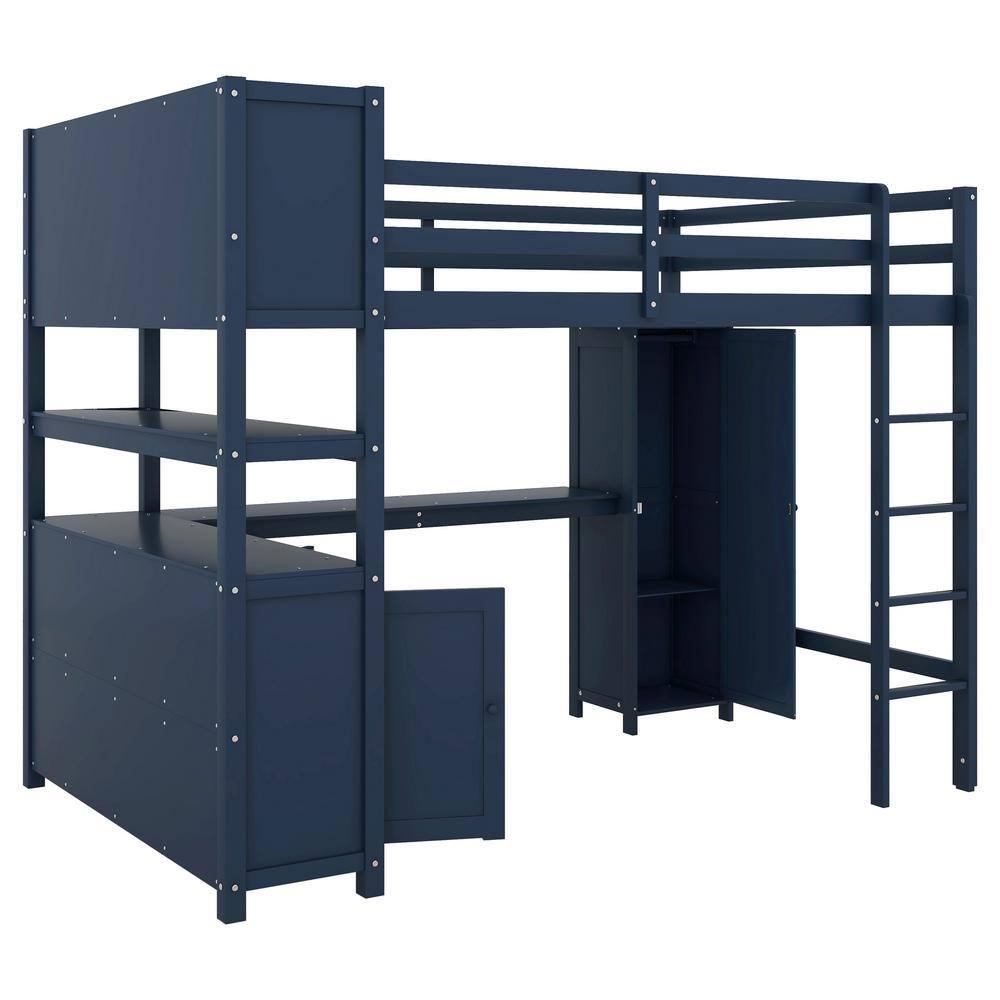 Dark Blue Full Size Wood Loft Bed with Wardrobe, Desk, Bookshelf and Cabinet