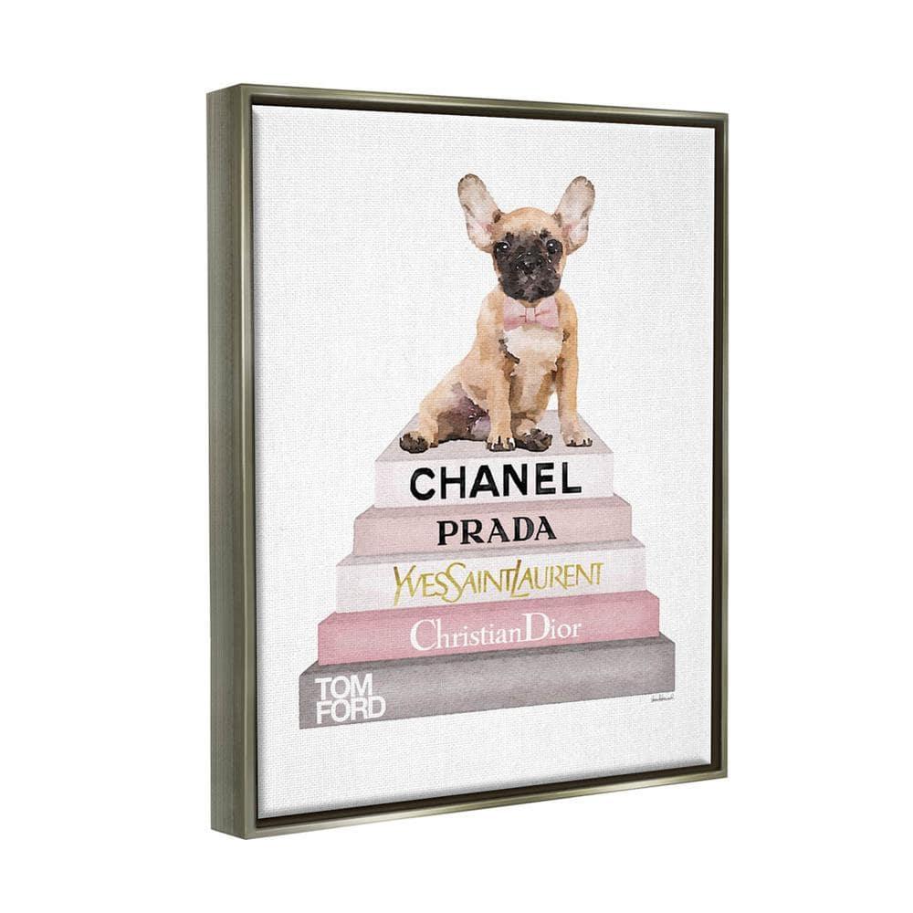 Stupell Industries Watercolor High Fashion Bookstack French Bulldog Gray Floater Framed Canvas Wall Art, 16 x 20