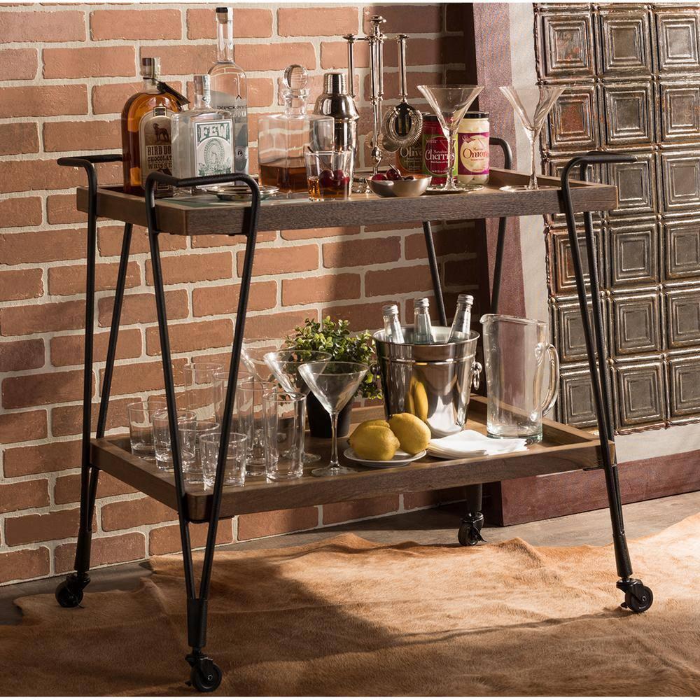 Jessica Rustic Industrial Style Textured Finish Metal Distressed Ash Wood Mobile Serving Bar Cart - Black & Brown - Baxton Studio