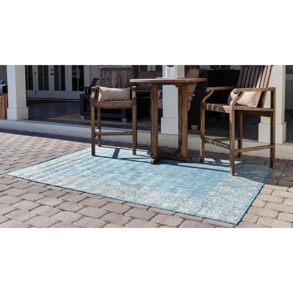 Unique Loom 7' 1 x 10' 0 Rectangle Indoor/Outdoor Border Aqua Area Rug