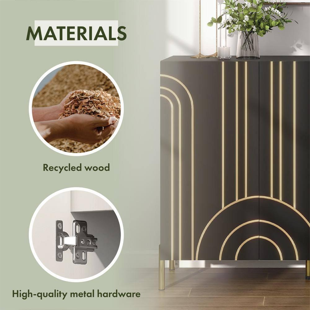24/7 Shop At Home Touchsoft Glam 4 Shelf Sideboard Buffet with Adjustable Shelves Black: Modern Storage Credenza, Metal Frame