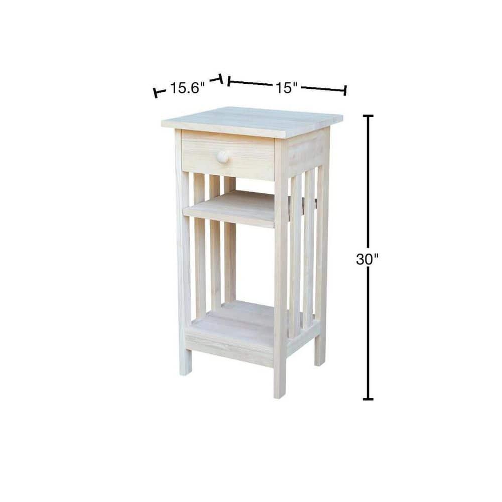 International Concepts Mission Telephone Stand Unfinished : Hardwood Accent Table with Drawer & Fixed Shelf