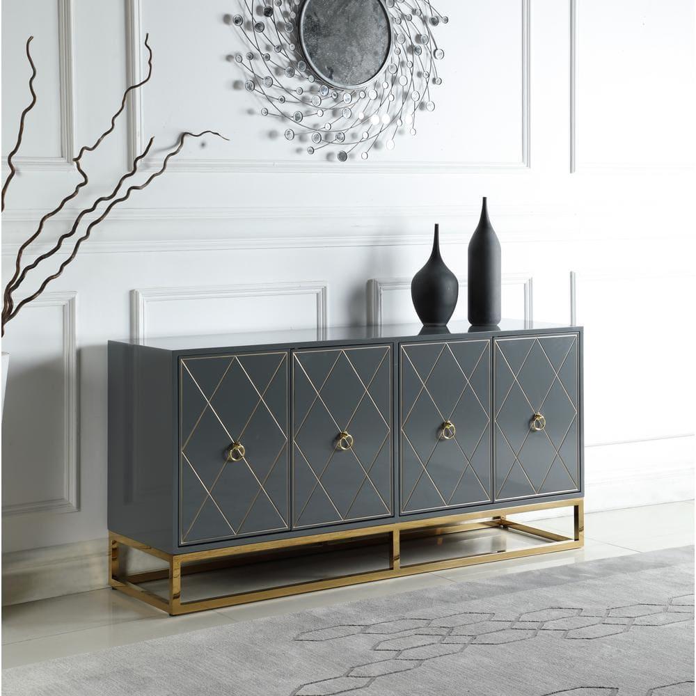 Best Master Furniture Senior 64" Transitional Wood Sideboard in Gray/Gold Plated