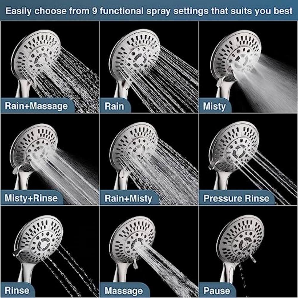 BRIGHT SHOWERS 9 Spray Settings Shower Head with Handheld High Pressure Brushed Nickel Hand Held Showerhead with 60 Inch Stainless Steel Hose and Adjustable Overhead Bracket